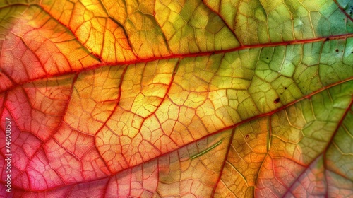 Vibrant Autumn Leaf Close-Up Texture. Macro shot of a leaf showcasing a vivid gradient of autumn colors and the intricate pattern of its veins  symbolizing the beauty of change in nature.