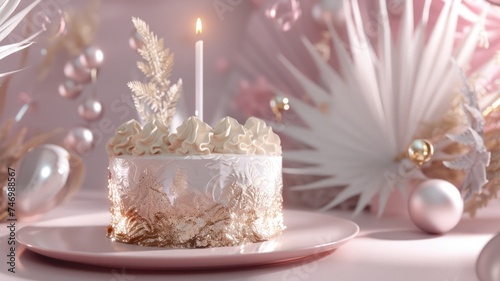 Abstract birthday cake, shimmering gold and silver texture background.
