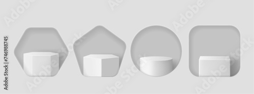 Window or hole in wall with product podium behind it. Realistic vector illustration of white minimalistic platform and pedestal of round, square, hexagon and pentagon shapes for goods display.