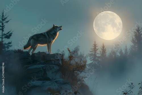 A lone wolf howling on a rocky cliff under the full moon, its mournful cry echoing through the night. photo