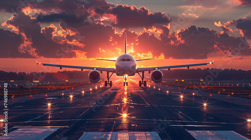 Airplane Landing on an Airport Runway, Against the Backdrop of a Stunning Sunset Sky, Creating a Silhouette Effect.