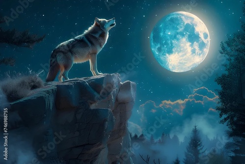 A lone wolf howling on a rocky cliff under the full moon, its mournful cry echoing through the night. photo