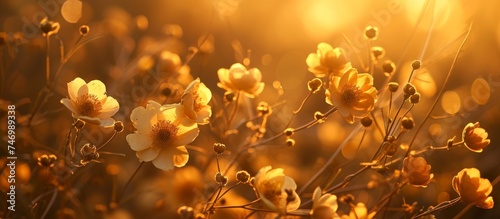 A cluster of bright yellow flowers basking in the sunlight, showcasing the beauty of nature through macro photography.