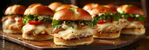A colorful arrangement of turkey sliders takes center stage in this image, with each mini sandwich boasting a juicy turkey patty, melted cheese, crisp lettuce, and a dollop of zesty aioli. photo