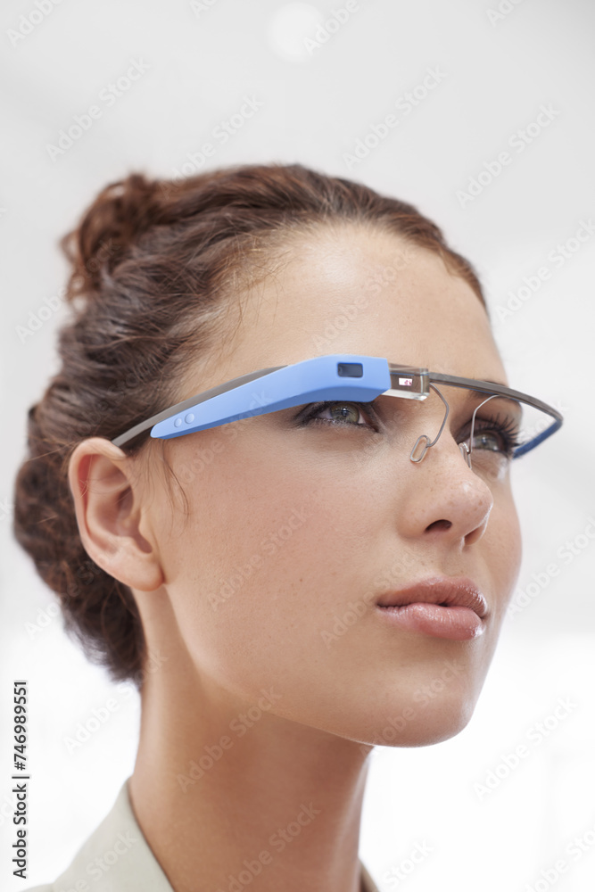 Augmented reality, business and woman with smart glasses for internet networking in office. Future technology, workplace and consultant with designer VR eyewear, vision and online communication. Augmented reality, business and woman with smart glasses for internet networking in office. Future technology, workplace and consultant with designer VR eyewear, vision and online communication.
