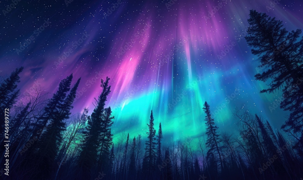 aurora in the sky of a pine forest