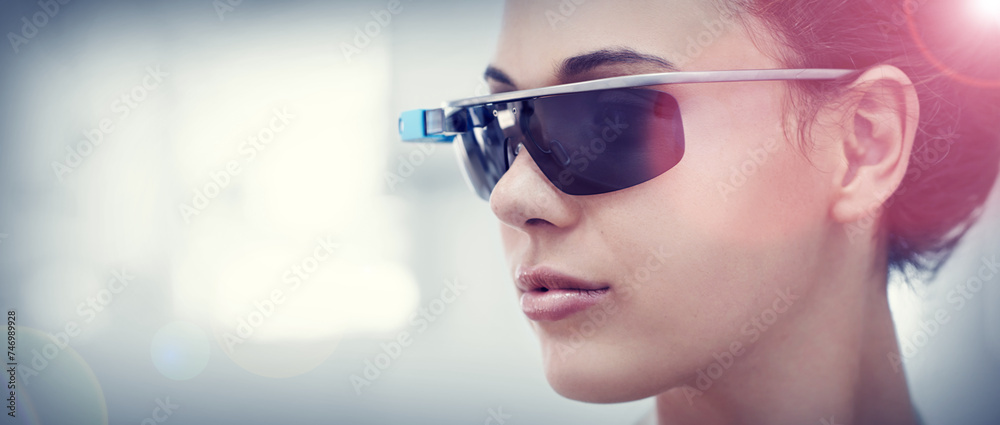 Augmented reality, future technology and woman with smart glasses, internet connection and mockup in office. Focus, workplace and consultant with VR sunglasses, vision and electronics for networking Augmented reality, future technology and woman with smart glasses, internet connection and mockup in office. Focus, workplace and consultant with VR sunglasses, vision and electronics for networking