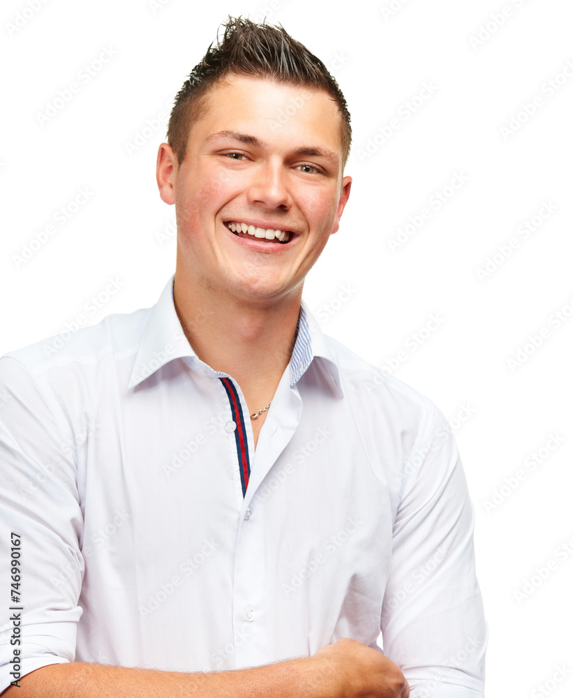 Portrait, smile and man in studio with arms crossed for confidence, elegance and cool for fashion. Model person, face and proud with happiness for casual, trendy and clothes on white background Portrait, smile and man in studio with arms crossed for confidence, elegance and cool for fashion. Model person, face and proud with happiness for casual, trendy and clothes on white background