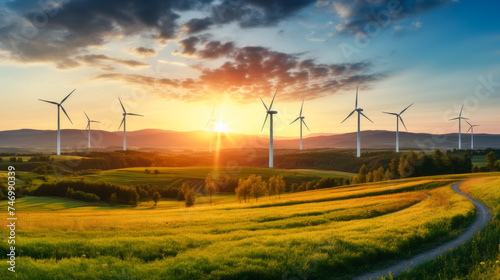 Wind turbines generate clean energy against a blue sky  demonstrating sustainable energy sources