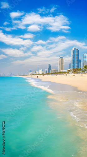 Serene Golden Sands and Azure Waters of Ajman Beach against the backdrop of Skyline © Theresa