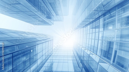 Modern office building with blue sky, and glass facades. Economy, finances, business activity concept, Bottom-up view, blurred image