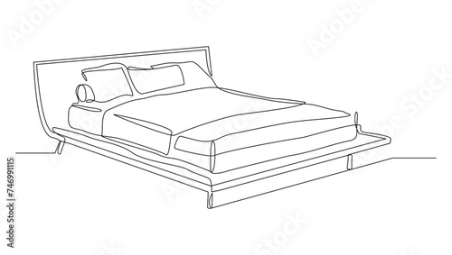 Continuous single line sketch drawing of bed with bed cover blanket and pillow. One line art of cozy bedroom modern furniture vector illustration