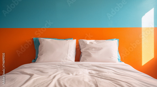 Bed against vibrant orange and blue wall. Generative AI