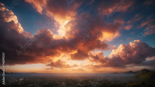 Describe a breathtaking cloudscape with an array of colors during sunset. The clouds form intricate patterns, and the sky is a canvas of vibrant hues