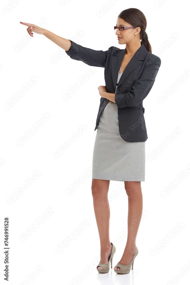 Direction, showing and pointing with business woman in studio isolated on white background for career. Corporate, future or vision and hand gesture of young professional employee in suit for planning Direction, showing and pointing with business woman in studio isolated on white background for career. Corporate, future or vision and hand gesture of young professional employee in suit for planning
