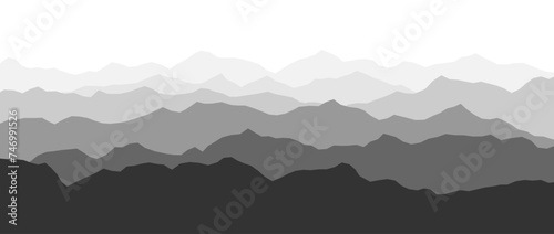 Black and white mountain range silhouettes. Haze panoramic landscape view. Mountain ridges and hills background. Grey shade mount peaks with mist and fog. Vector scenery terrain illustration photo