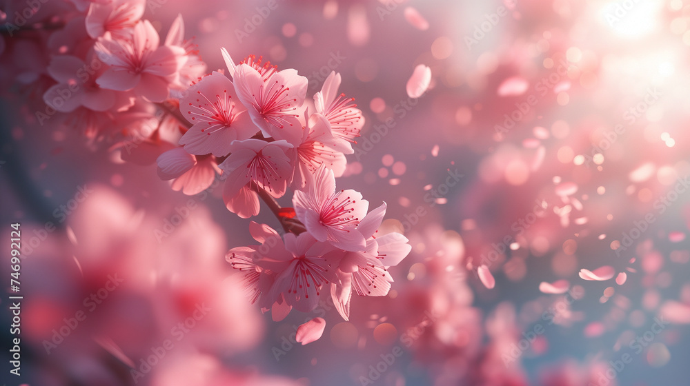 Macro closeup of pink cherry blossoms. Bokeh effect. 