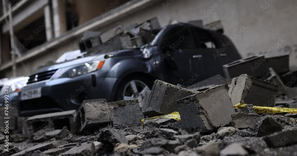 Concrete blocks on a broken car and broken glass Concrete blocks on a broken car and broken glass