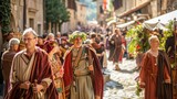Ancient Roman Saturnalia festival with citizens in traditional garb.