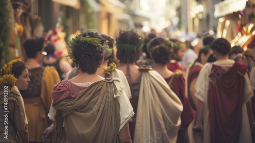 Ancient Roman Saturnalia festival with citizens in traditional garb.