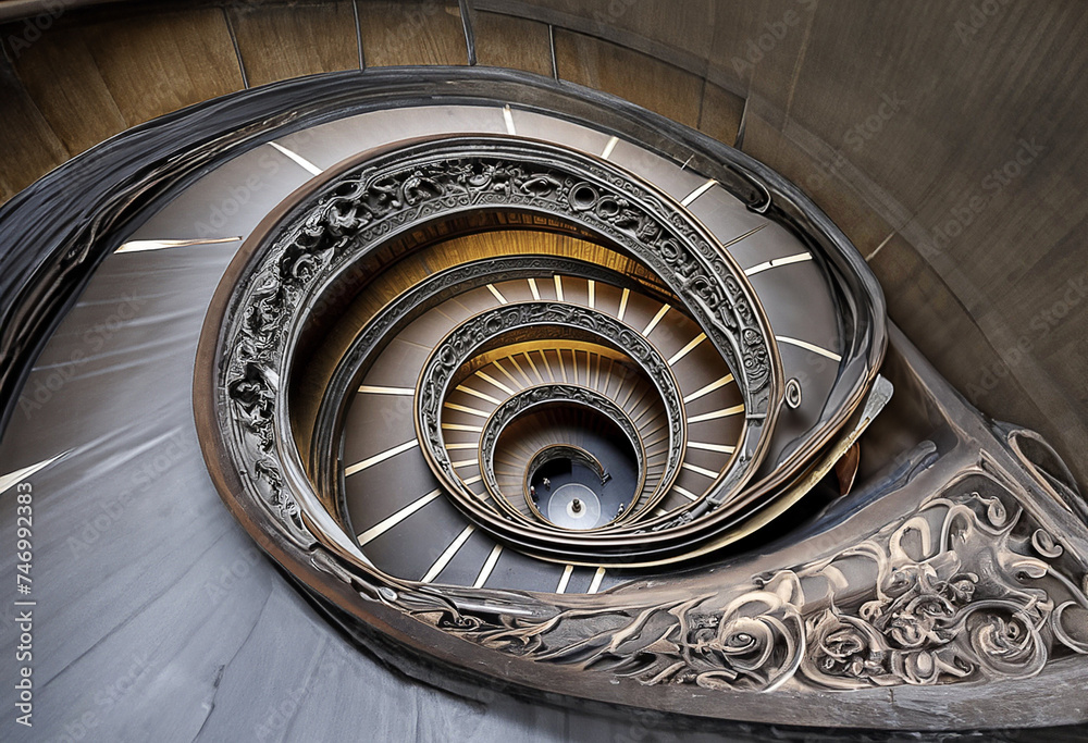 Fototapeta premium A spiral staircase in a building with a skylight