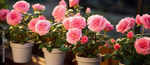 A row of pink miniature roses in white pots adorns a home garden, adding a touch of color and elegance to the outdoor space. The vibrant pink flowers stand out against the clean white containers