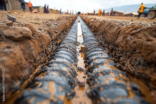 Close-up view of a newly installed underground water pipeline in a trench with muddy water, construction site in the background.