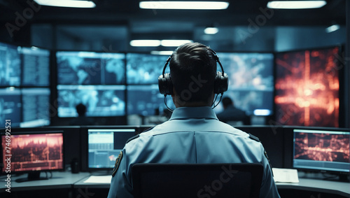 back view of Security guards in security control room photo