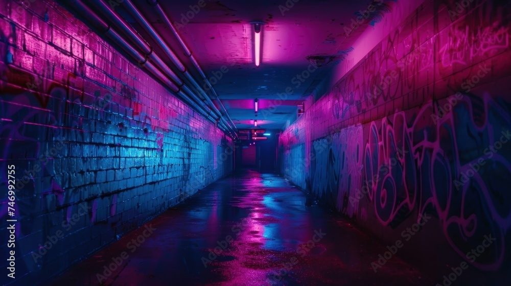 colorful neon lights on a dark city street, reflections of neon lights in puddles, blurred lights. Night view. colorful neon lights on a dark city street, reflections of neon lights in puddles, blurred lights. Night view.