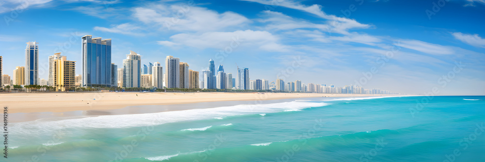 Serene Golden Sands and Azure Waters of Ajman Beach against the backdrop of Skyline