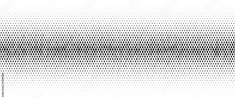 Rhombus gradient halftone texture. Diamond shape dot fading background. Abstract geometric particle vanishing gradation backdrop. Rhomb shape grunge overlay structure. Vector black and white wallpaper