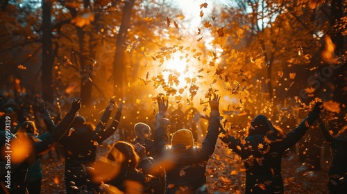 Autumn equinox celebration in a forest of golden leaves. photo