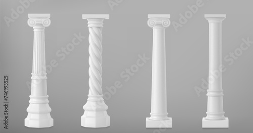 Ancient roman column made of white clay. Realistic 3d vector illustration set of greek stone pillar of temple building. Antique marble colonnade for historical construction decorative facade design.