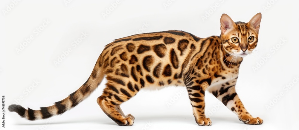 A tiger cat of the Suphalak breed is walking across a plain white background. The cats elegant movement is captured in a side view as it gracefully strides along. - obrazy, fototapety, plakaty 