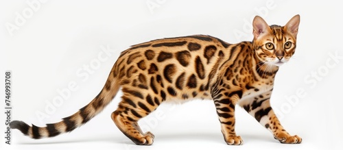 A tiger cat of the Suphalak breed is walking across a plain white background. The cats elegant movement is captured in a side view as it gracefully strides along.