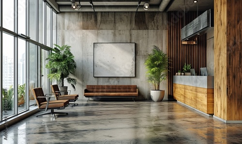 corporate branding blank wall frame mockup with modern business offices reception background. Generative AI