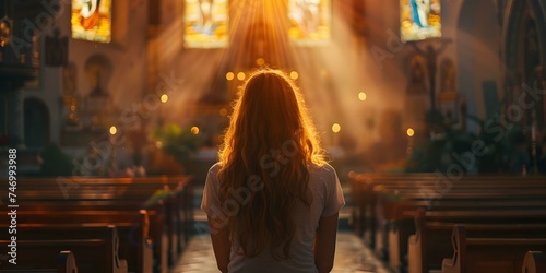 Woman prays in church background blurred faith and spirituality concept. Concept Religious, Christianity, Prayer, Church, Spirituality