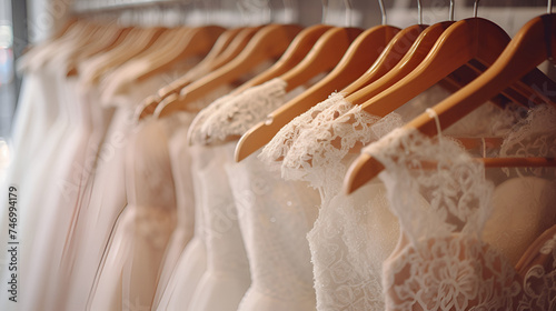 Beautiful elegant luxury bridal dress on hangers. White wedding dresses hanging on hanger in bridal shop boutique salon. generative ai 