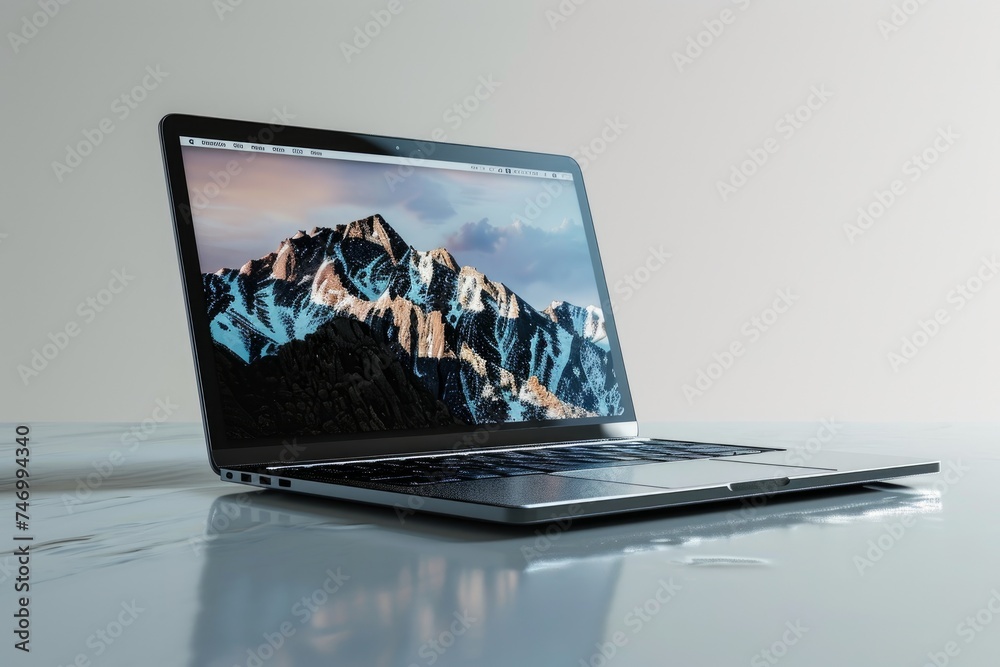 modern design of a stylish laptop open with mockup monitor screen in metallic silver material for business office technology and presentation online browsing, isolated on white background,GenerativeAI modern design of a stylish laptop open with mockup monitor screen in metallic silver material for business office technology and presentation online browsing, isolated on white background,GenerativeAI