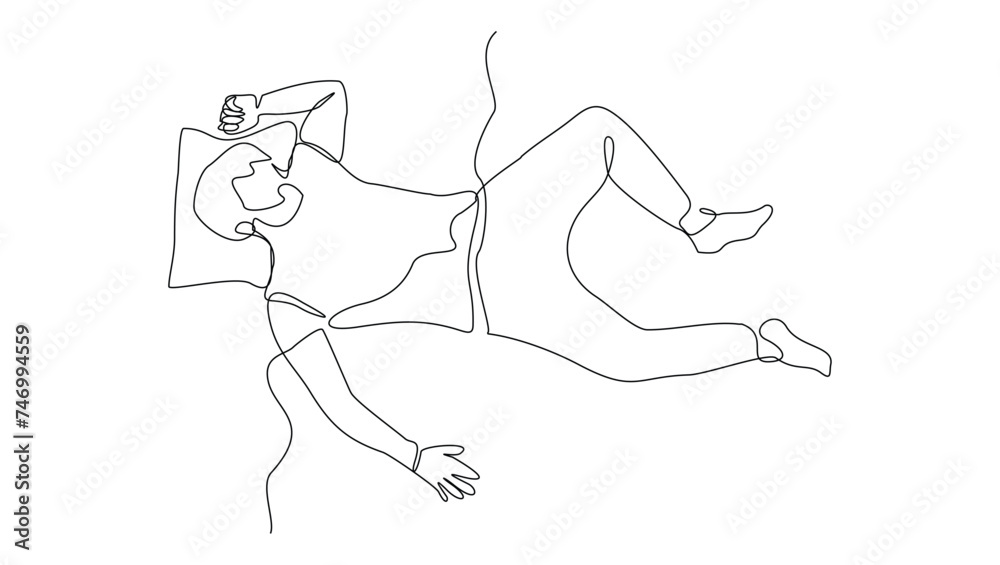 Continuous single line sketch drawing of man sleeping on pillow bed one line lifestyle vector illustration