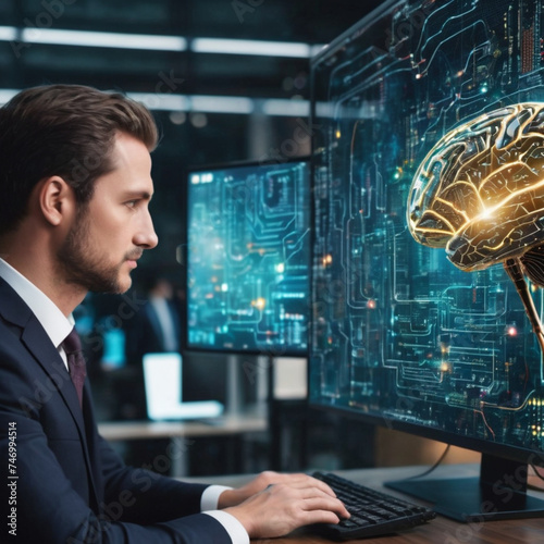 AI Machine Learning, Artificial Intelligence technology concept. Business man using computer with virtual brain circuit board, AI prompt and data engineering, data science and innovative technology 