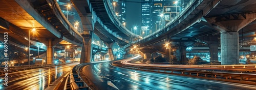 complex city street highway brige interchage with manny vihecle bridges for trafic solutions and smart automation of city infrastructure as wide banner design with hud futuricstic, Generative AI photo