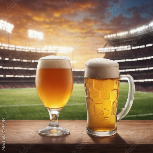 Glass of fresh and cold beer on soccer, American football, rugby stadium background 1