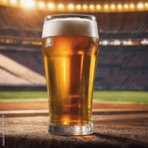 Glass of fresh and cold beer on soccer, American football, rugby stadium background 