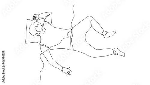 Continuous single line sketch drawing of man sleeping on pillow bed one line lifestyle vector illustration