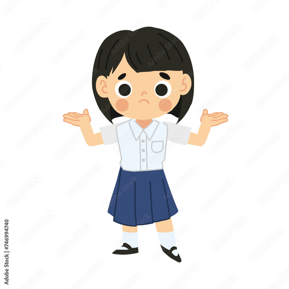 Cute Thai Student Girl Cartoon Character Confused and don't understand.