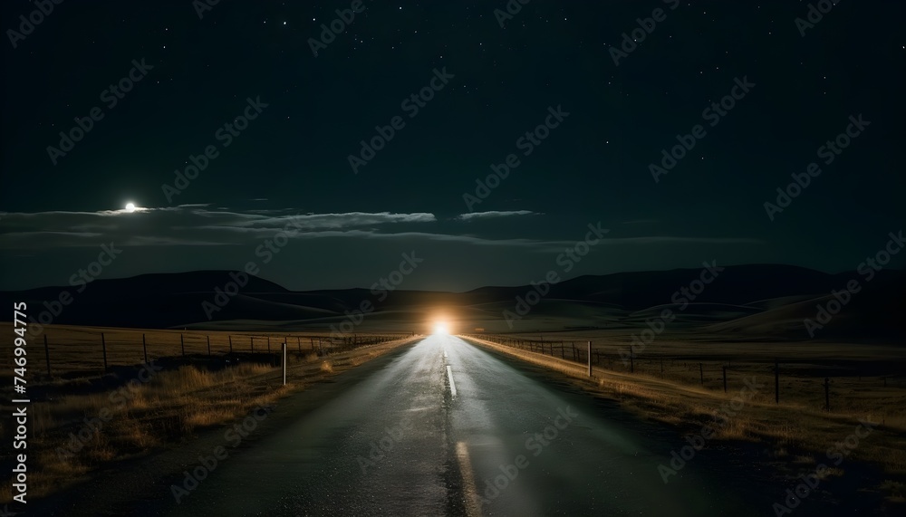 The moon shines brightly over the paved road at night