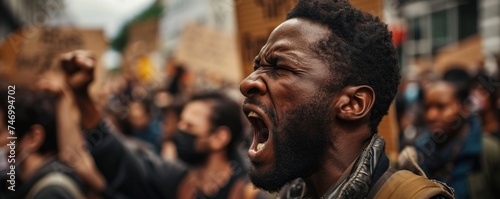 Black African American man activist angry shouting for his cause among people demonstration protester as wide banner with copy space area. Generative AI © Pooja