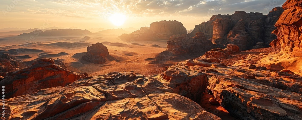 wide angle view of a generic rocky mountains of Al Ula desert Saudi Arabia touristic destination at the golden hour sunset with copyspace area. Generative AI