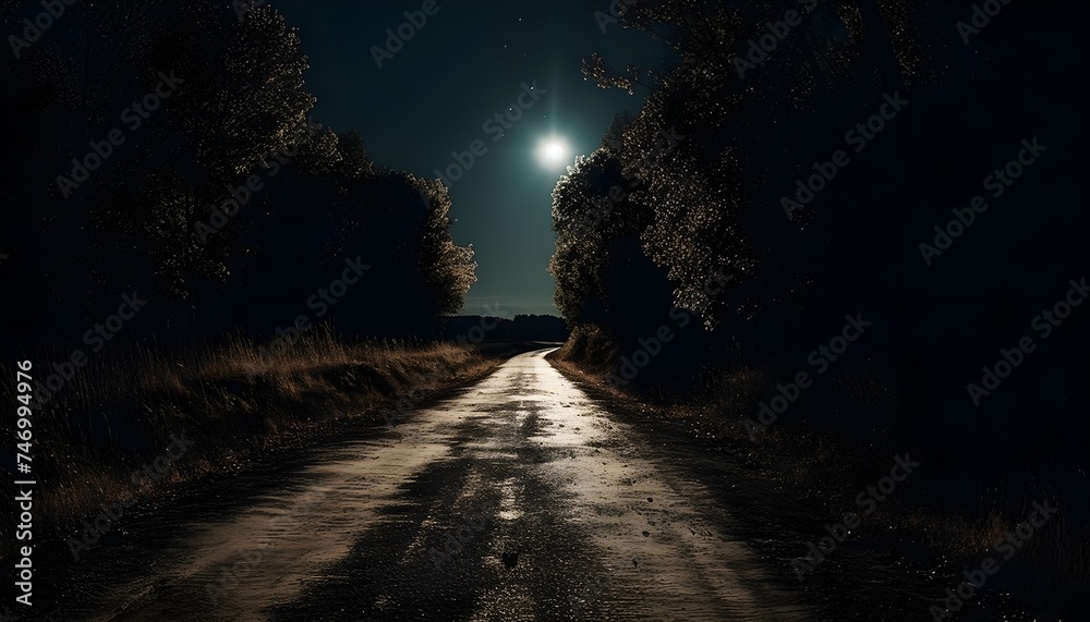 The moon shines brightly over the paved road at night